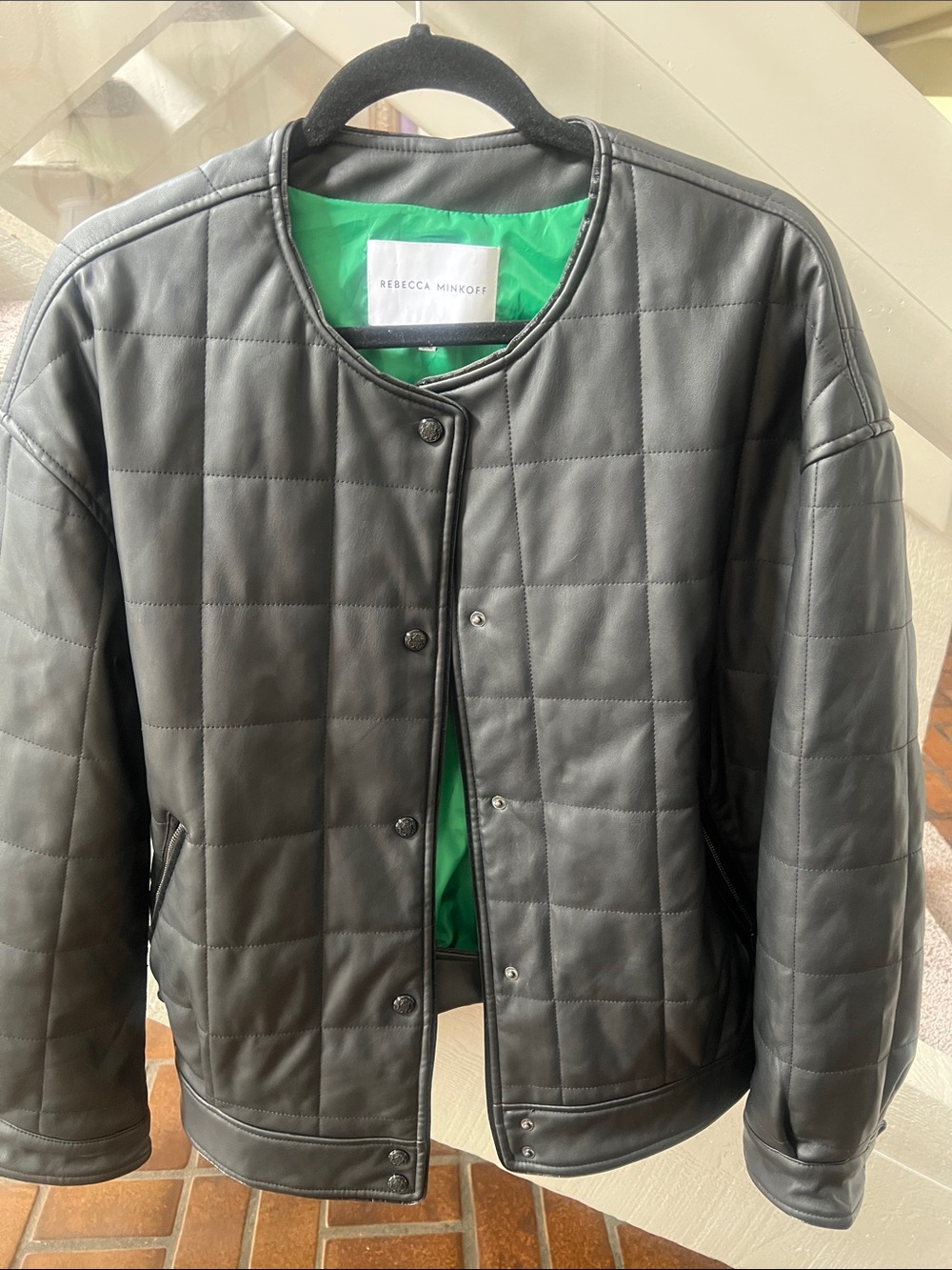 Rebecca Minkoff Black Quilted Leather Snap Jacket with Green Lining L